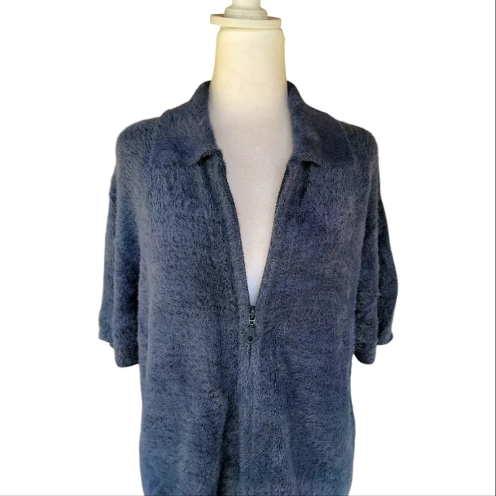 Anthropologie Standard Cloth Navy Blue Fuzzy Knit Zip Front Polo Shirt Small - Picture 4 of 8